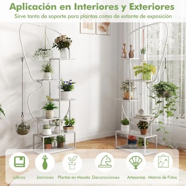 Suporte para plantas de metal com 6 níveis, 12 prateleiras de malha metálica e 4 ganchos branca