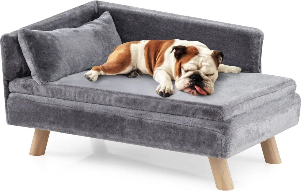 Cama elevada para animais de estimação 81 x 51 x 47 cm  com almofada e travesseiro removíveis, pernas de madeira e encosto alto Cinza