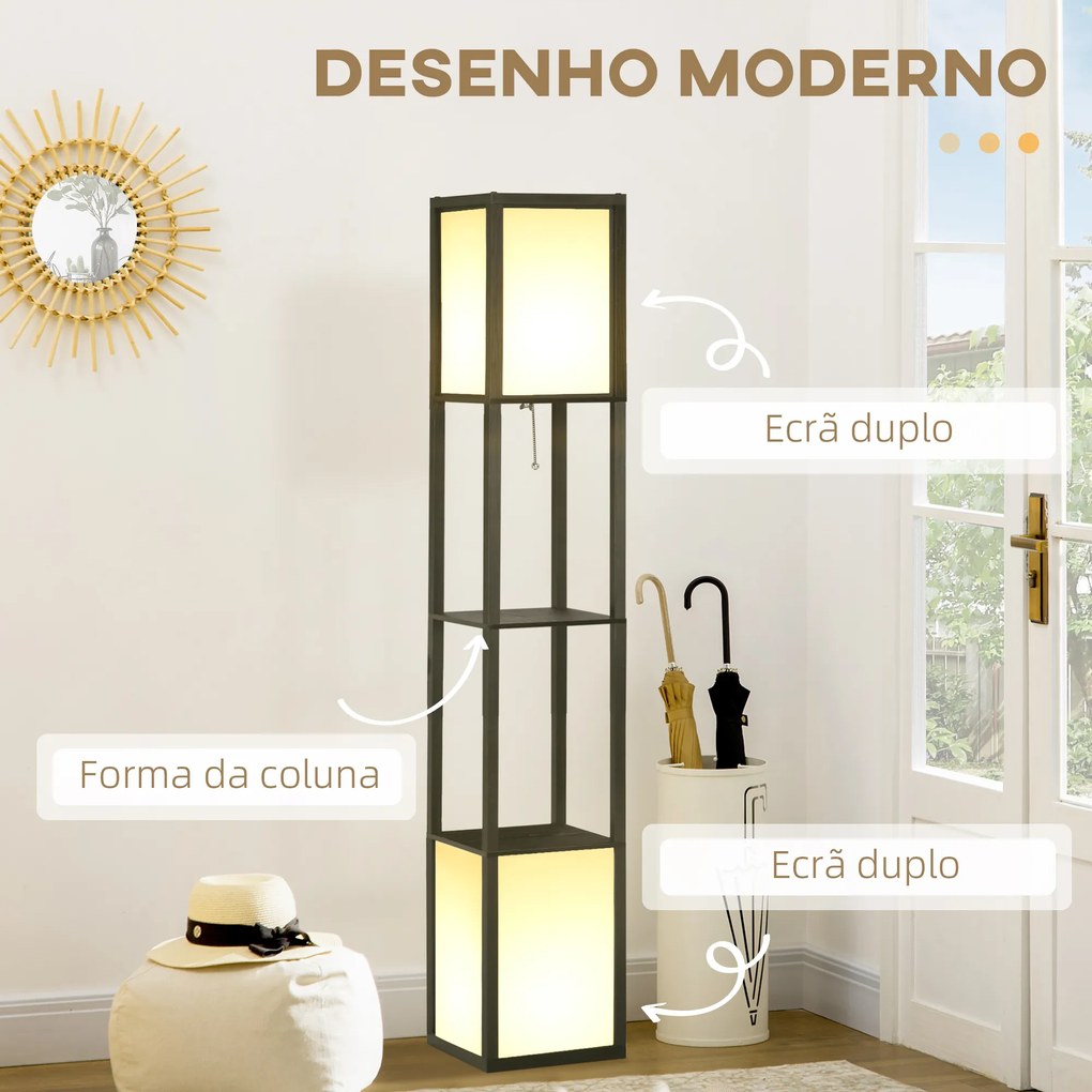 Candeeiro de Pé de Madeira com Prateleira Suporte para Lâmpada E27 Candeeiro Moderno 26x26x156 cm Preto e Branco