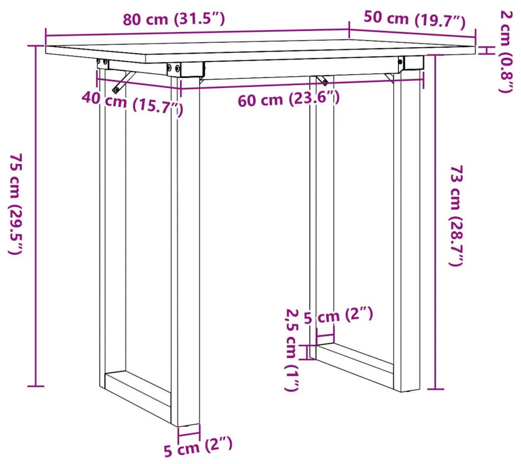 Mesa de jantar estrutura em O 80x50x75 cm pinho e aço