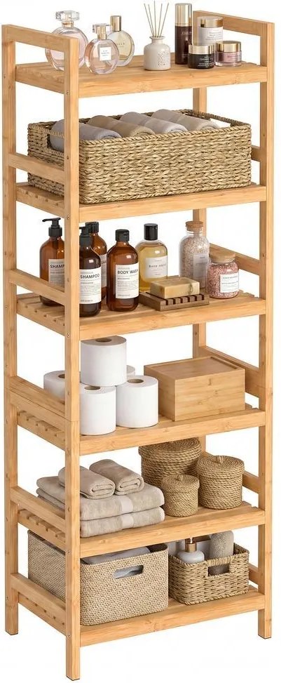 Estante de bambu para casa de banho, de pé, ajustável, com 6 níveis, 43 x 30 x 173 cm, natural