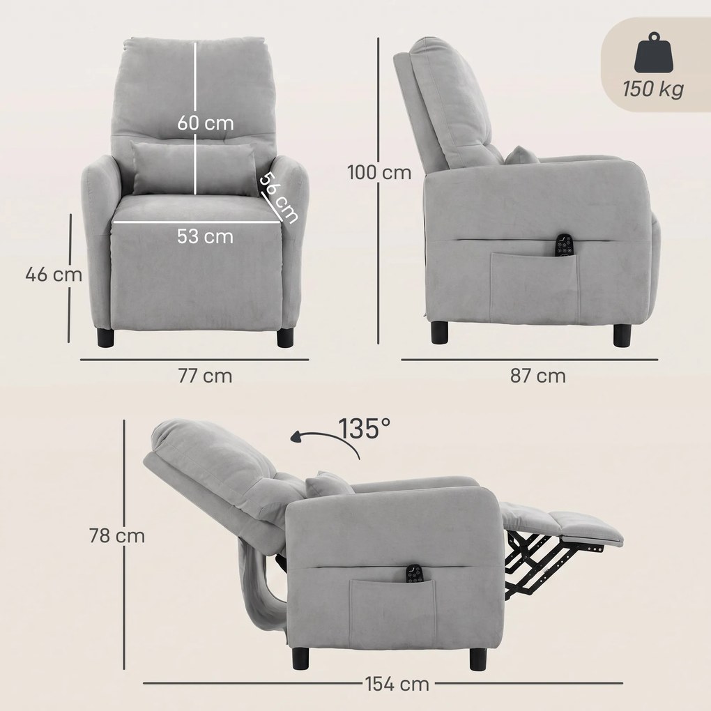 Poltrona de Massagem Reclinável com Calor Lombar, Assento com Molas, Apoio para os Pés e Almofada Lombar em Tecido Atoalhado Cinzento