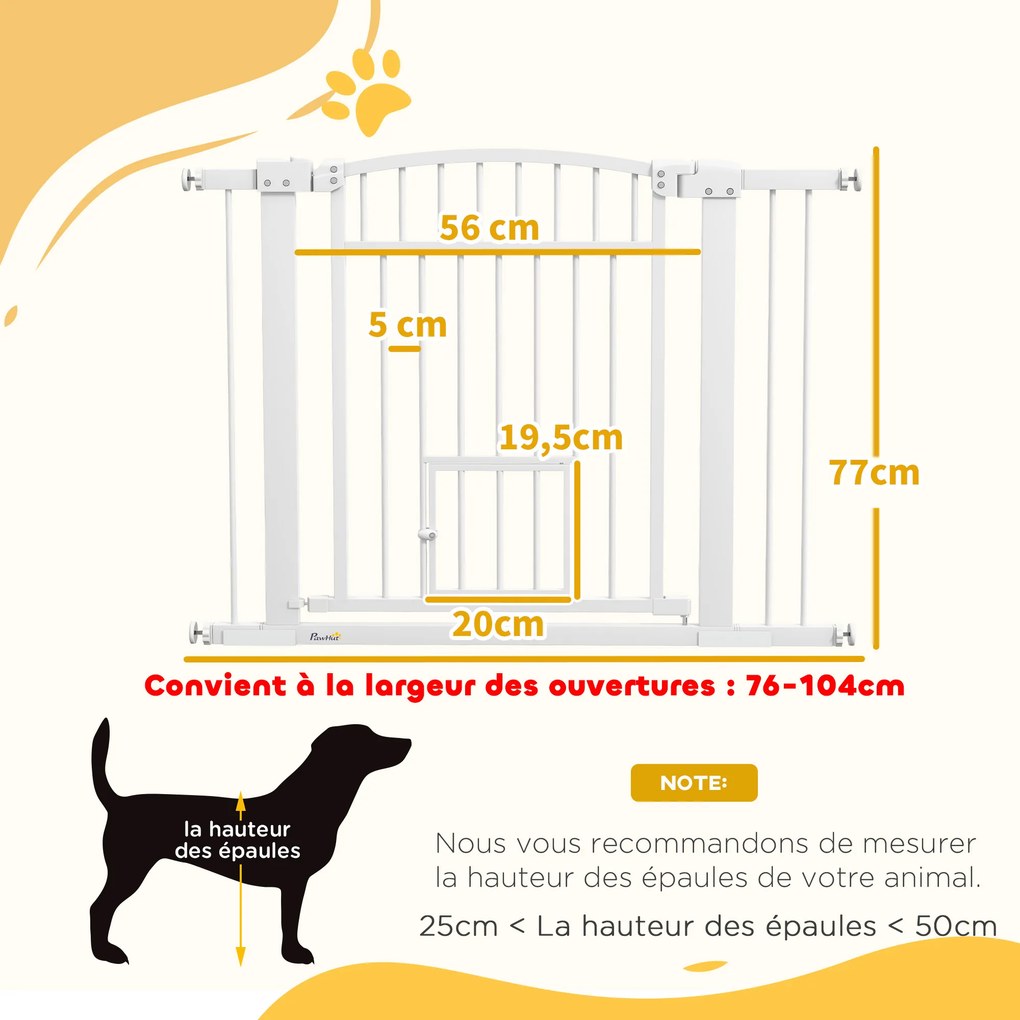 Barreira de segurança para cães com sistema de duplo bloqueio, montagem por pressão ou perfuração, largura 76-104 cm, branca