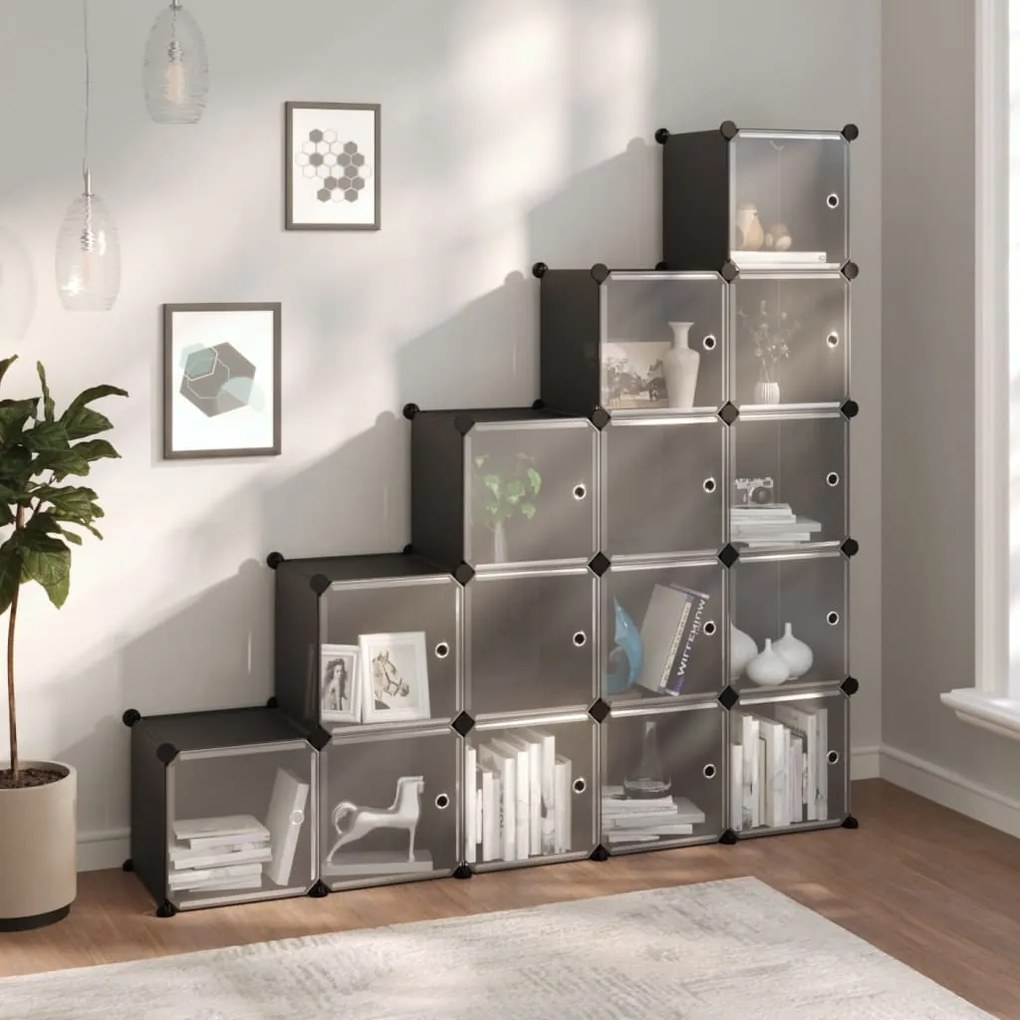 340554 vidaXL Organizador de arrumação com 15 cubos e portas PP preto