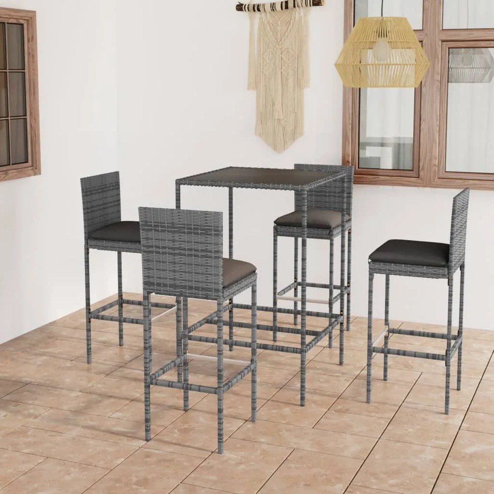 vidaXL 5 pcs conjunto de bar p/ jardim c/ almofadões vime PE cinzento