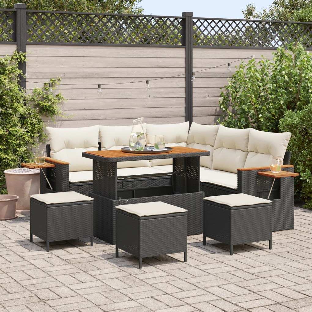 Conjunto de Sofá de Jardim 9 Peças com Almofadas Preto Vime Poliéster Acácia