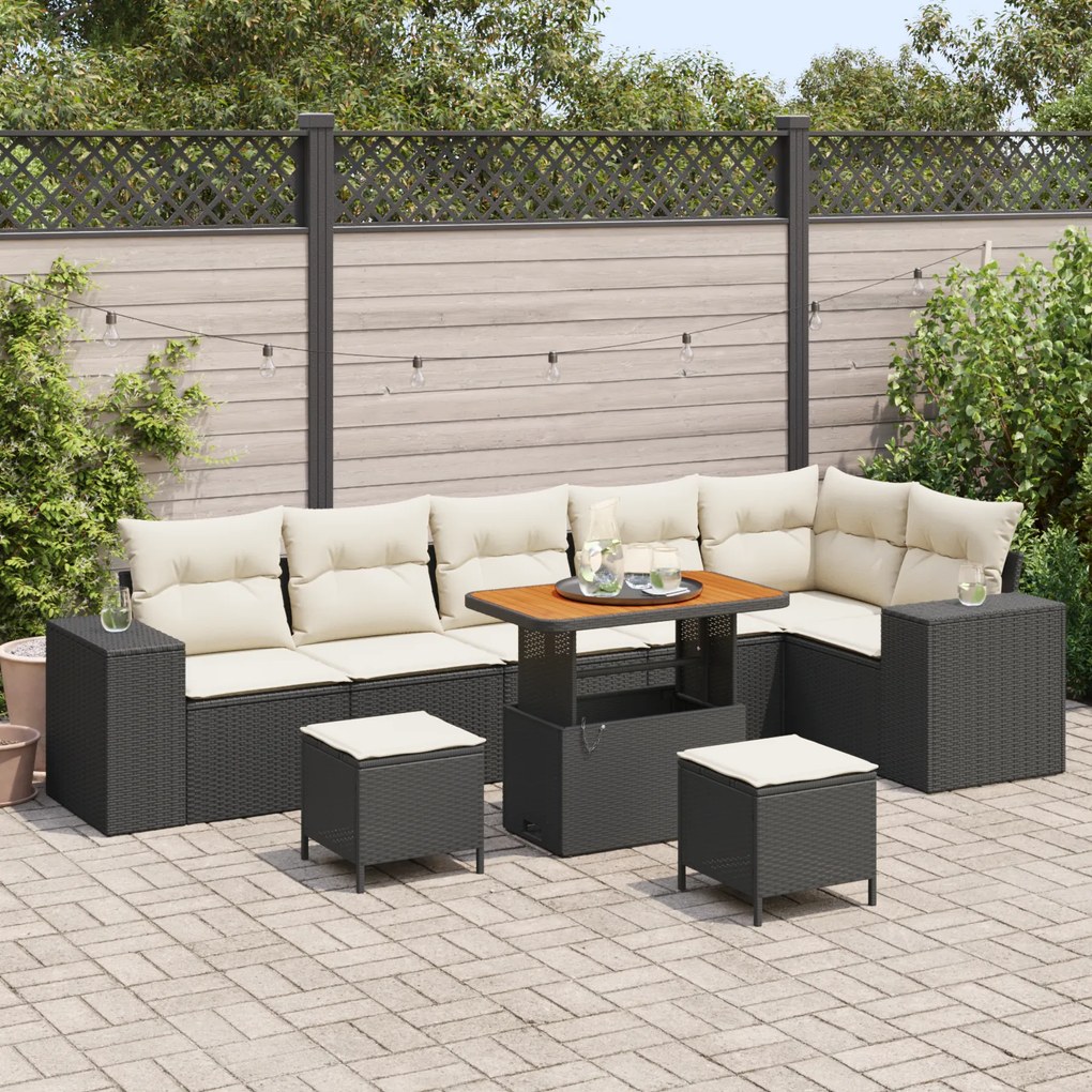 Conjunto de Sofá Jardim de 9 Peças com Almofadas Preto Rattan Acácia,