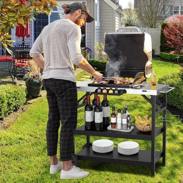 Carrinho de jantar para exterior com Estante ajustável Suporte ajustável para preparação de alimentos 106 x 52 x 84cm Preto e prateado