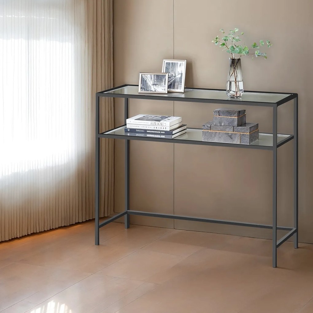 Mesa consola com 2 níveis, mesa de entrada 35 x 100 x 80 cm vidro, aço Preta