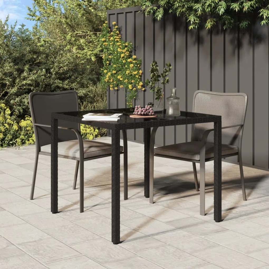 316699 vidaXL Mesa de jardim 90x90x75 cm vidro temperado e vime PE preto