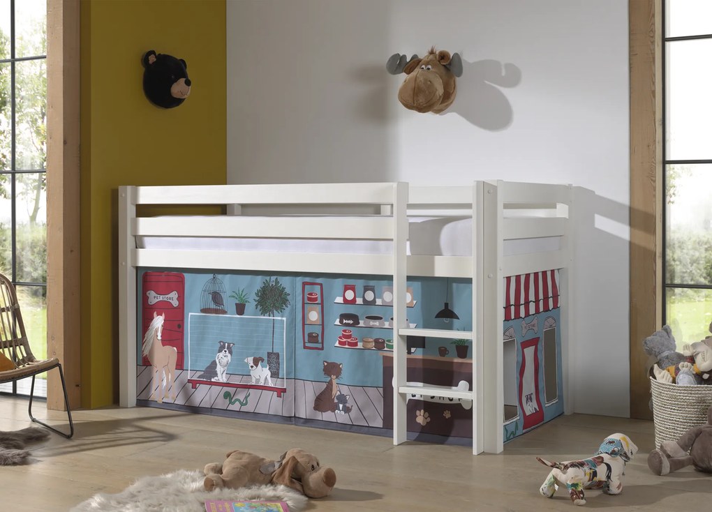 Cama alta de Criança PINO 90 x 200 cm + estrado + escada + cortina Animais Branca