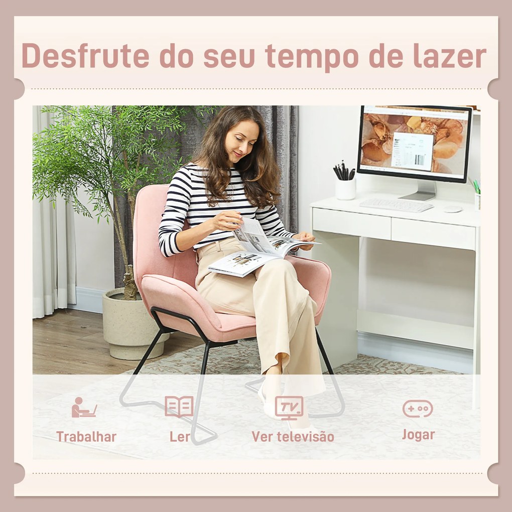 Poltrona Sala de Estar Moderna Poltrona de Leitura com Assento Largo e Acolchoado Estofada em Veludo Pés de Metal 70x67,5x87 cm Rosa