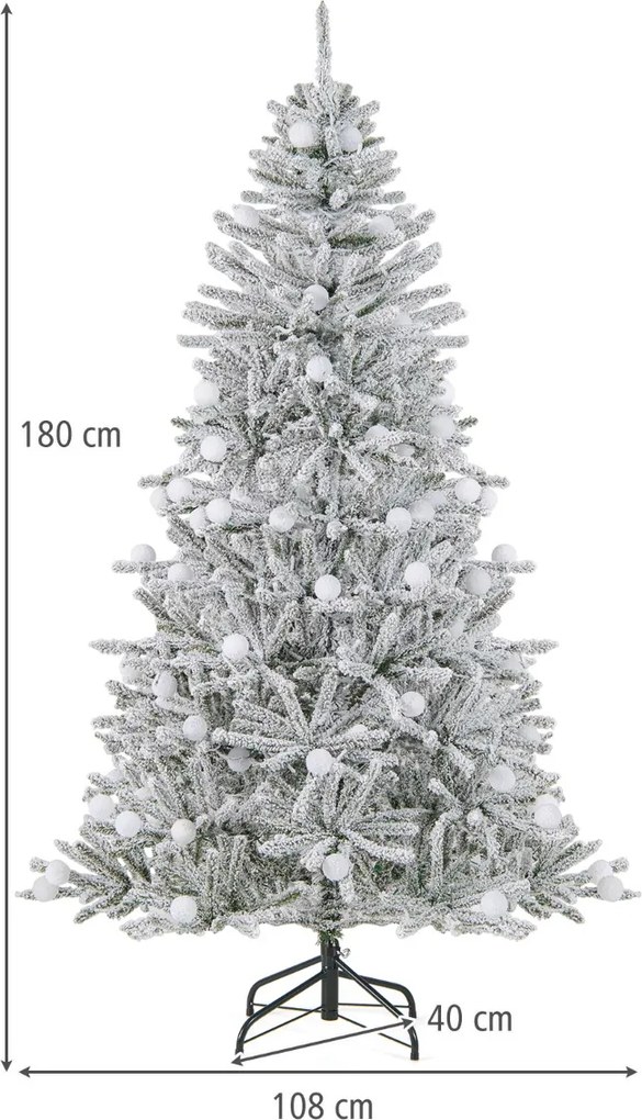 Árvore de Natal artificial nevada de 180 cm com 51 luzes esféricas, 250 luzes LED brancas quentes, 37 pontas de ramos e temporizador prateado