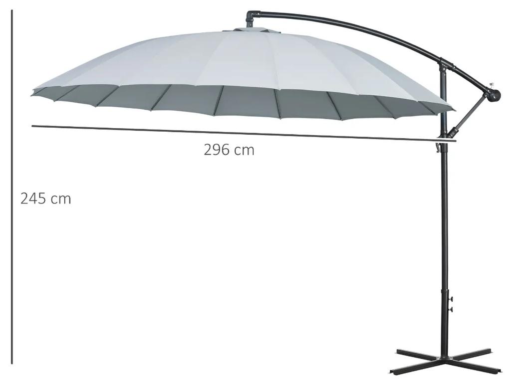 Guarda-sol Ø300 cm de jardim com manivela manual 18 hastes e telhado com base cruzada de ângulo ajustável cinza