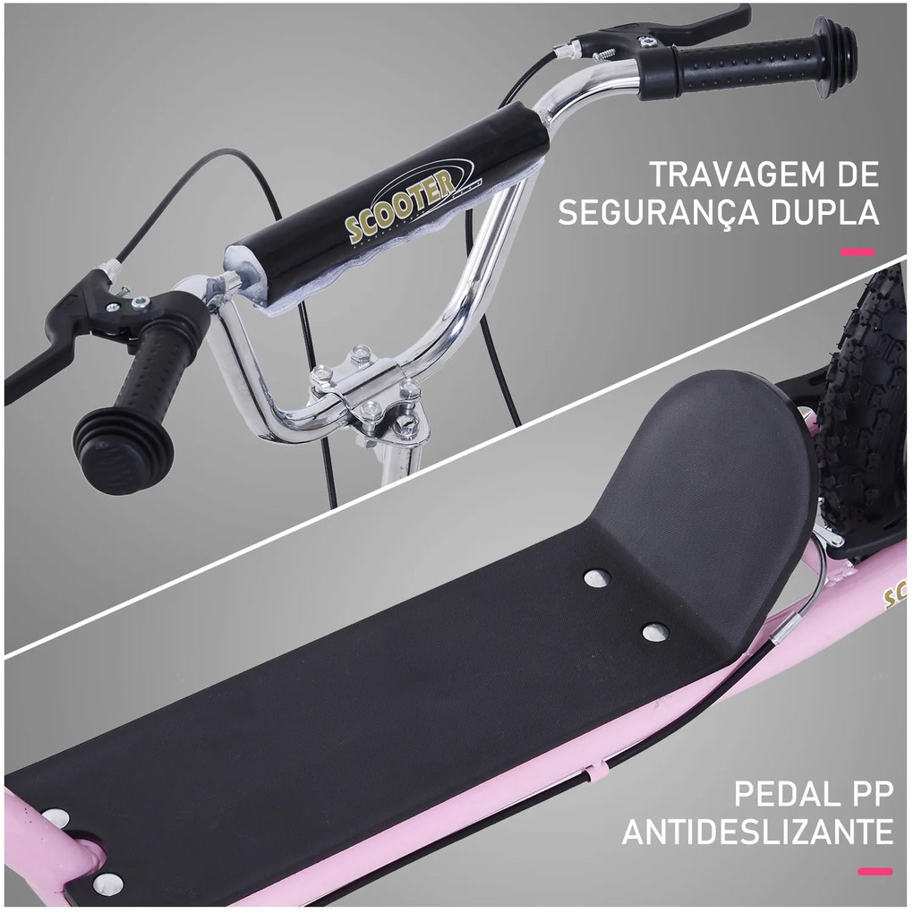 HOMCOM Trotinete para Crianças acima de 5 anos Scooter de 2 Rodas Grandes com Duplo Freio e Guidão Ajustável em Altura Adolecentes Adultos 125x58x92-100cm Rosa