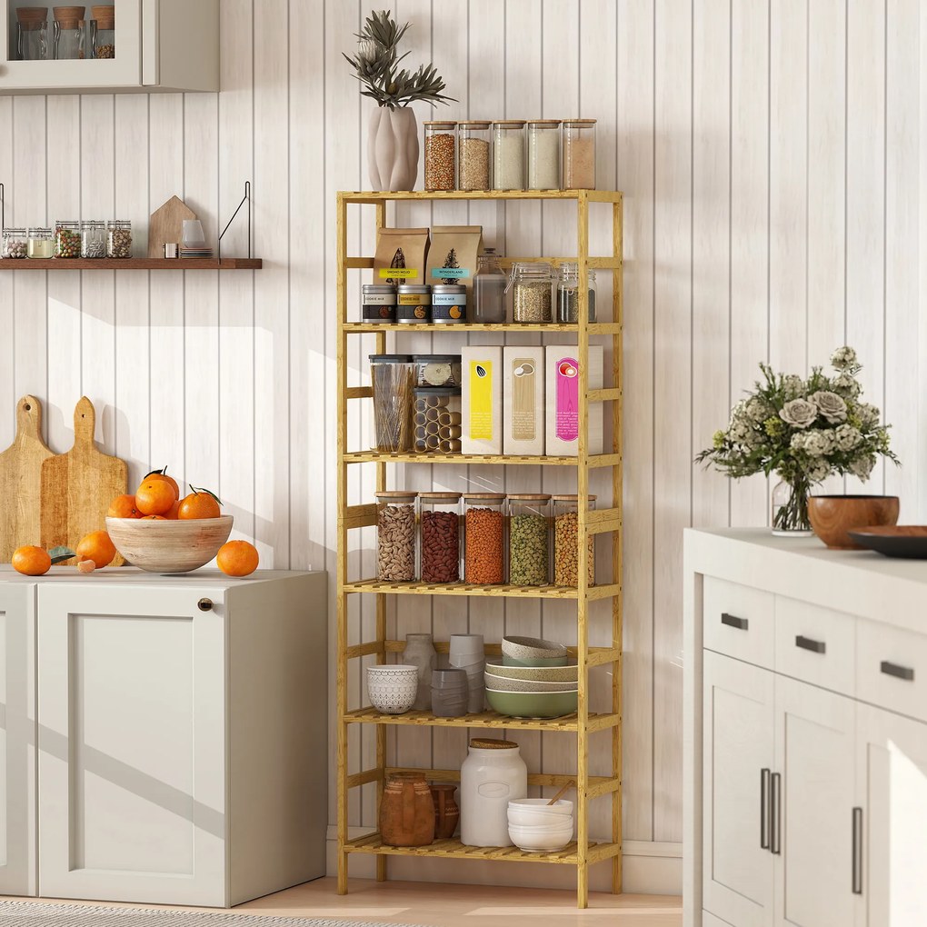 Estante de Bambu de 6 Níveis Prateleiras Ajustáveis para Espaços Pequenos Casa de Banho  Cozinha 60x26x161 cm Madeira