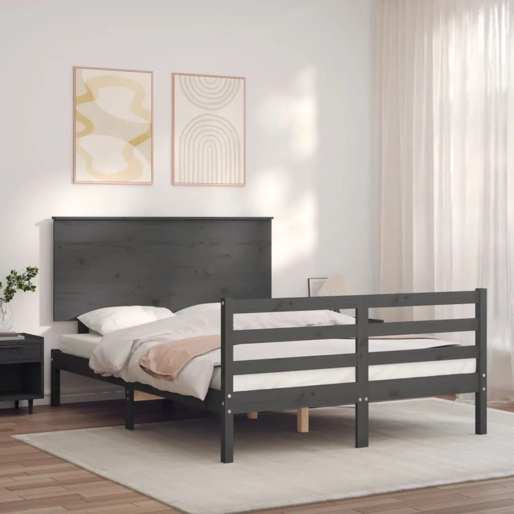 Estrutura de cama com cabeceira 140x190 cm madeira maciça cinza