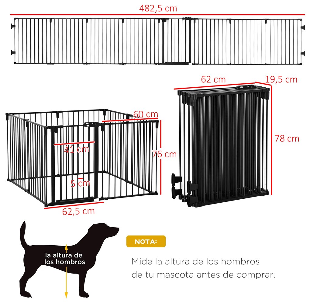 Parque para Cães com 8 Painéis 60x76cm Barreira de Proteção para Animais de Estimação Dobrável com Porta e Fechadura Dupla Painéis Metálicos para Esca