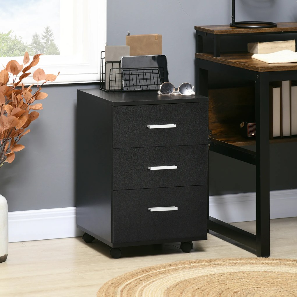Bloco de Gavetas para Escritório Móvel de Arquivos com 3 Gavetas e Fechadura para Secretária Casa 40x40x61,5 cm Preto