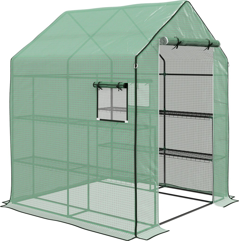 Estufa de jardim 140 x 143 x 190 cm com 1 porta, 1 janela e prateleiras de 3 níveis para legumes, plantas e flores; cobertura em PE Verde