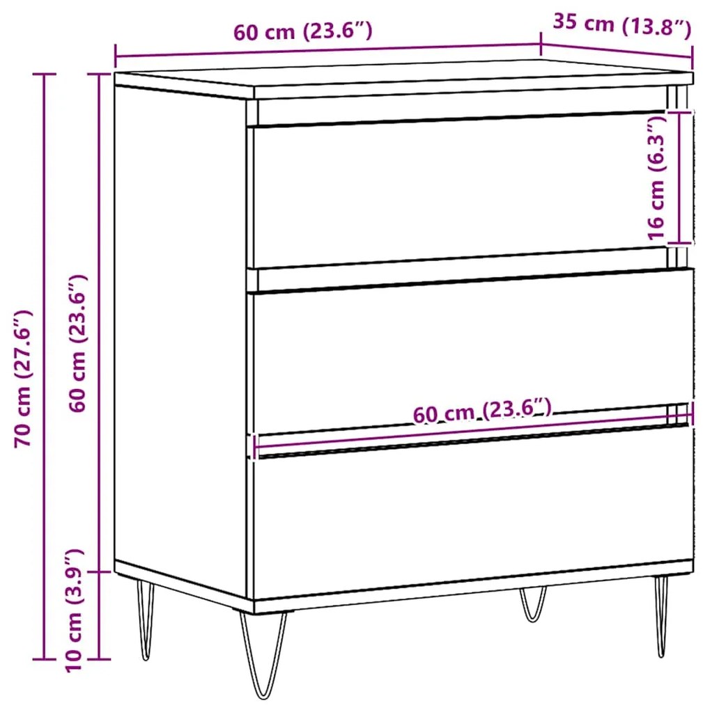Sideboard vidaXL com Gavetas Carvalho Artesanal 60x35x70 cm Madeira de