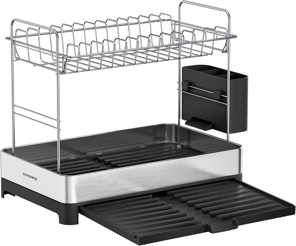 Escorredor de pratos SONGMICS de 2 níveis, escorredor expansível para secar pratos, escorredor de pratos de cozinha em aço inoxidável com suporte para utensílios, à prova de ferrugem, para pratos, facas, colheres, garfos, prata e cinza KCS036G01
