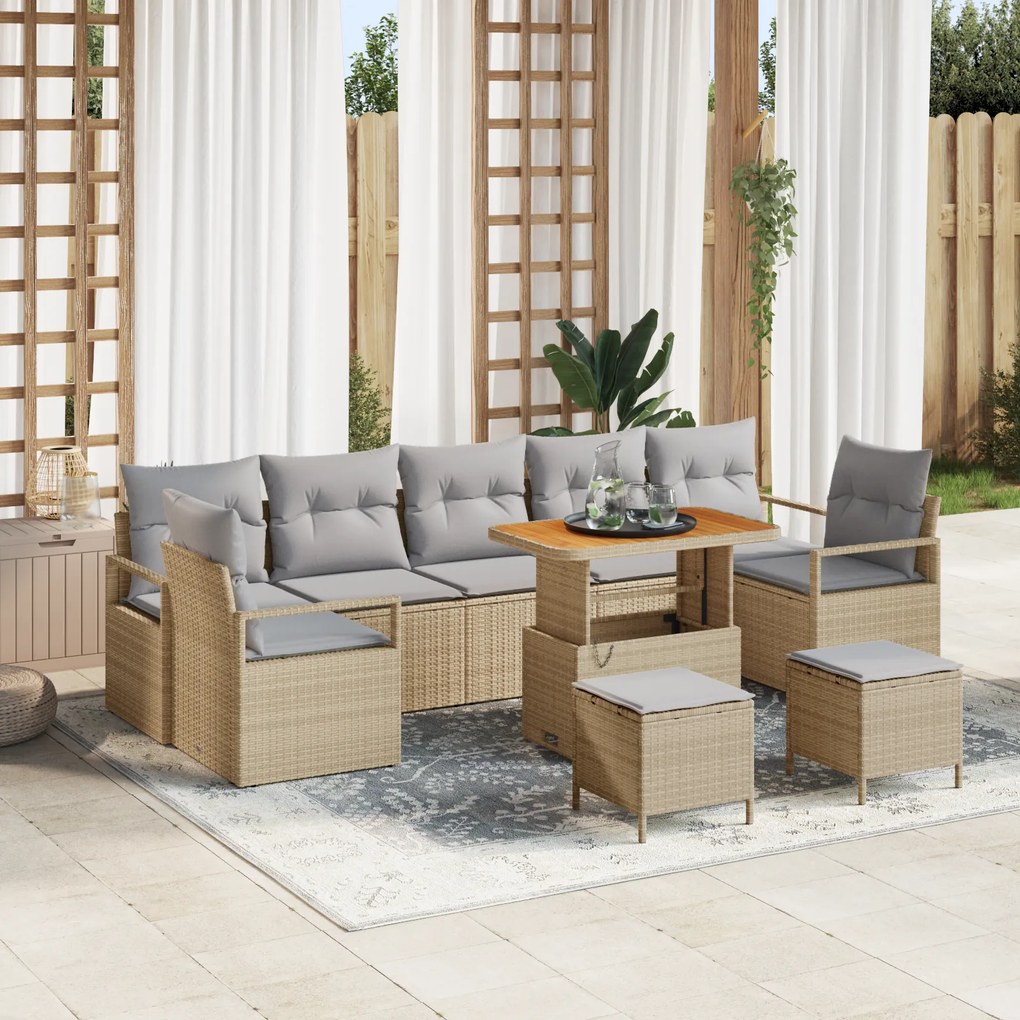 Conjunto de Sofás de Jardim de 10 peças com Almofadas Bege Rattan Poli