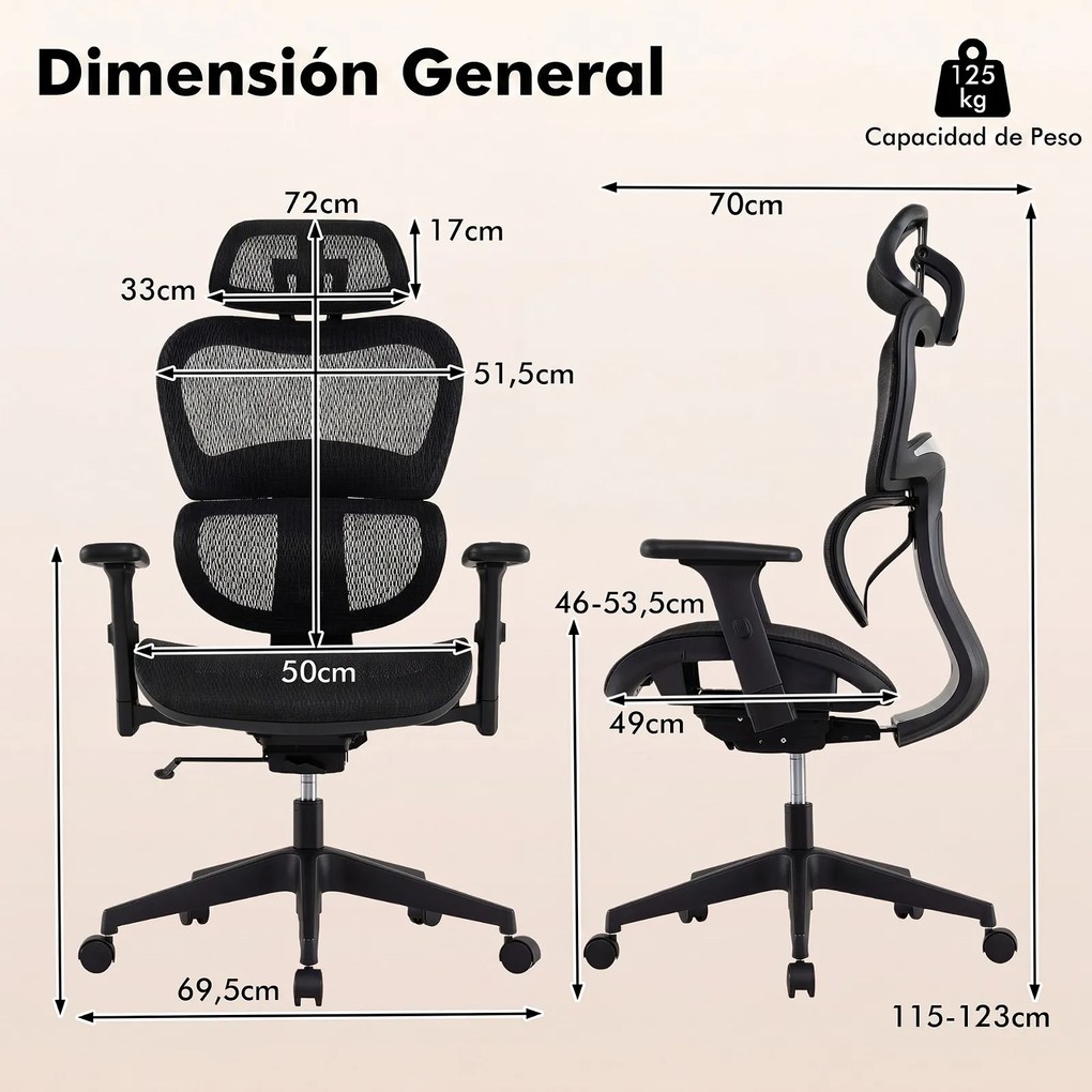Cadeira de Escritório Ergonómica, 69,5 x 70 x 115-123 cm, Encosto Reclinável, Preto