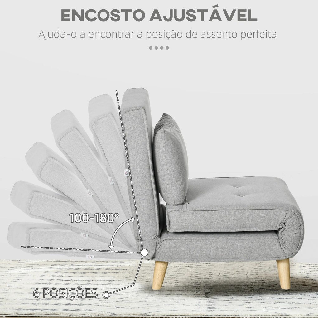Poltrona 2 em 1 Sofá Cama Individual Dobrável com Encosto Ajustável e Almofada Carga 150 kg 72x78x79 cm Cinza