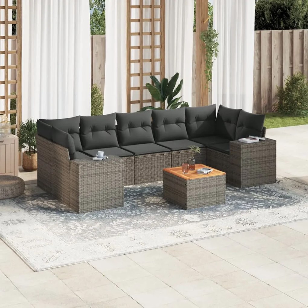 8 pcs conjunto sofás de jardim c/ almofadões vime PE cinzento