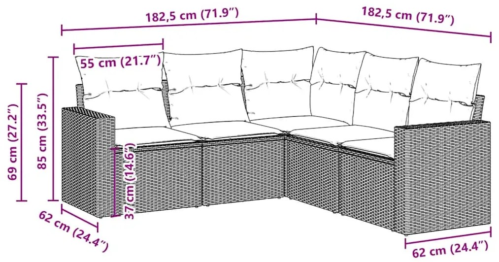 5 pcs conjunto sofás p/ jardim c/ almofadões vime PE castanho