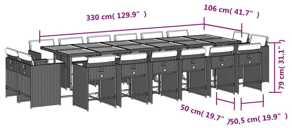 17 pcs conjunto de jantar p/ jardim c/ almofadões vime PE preto
