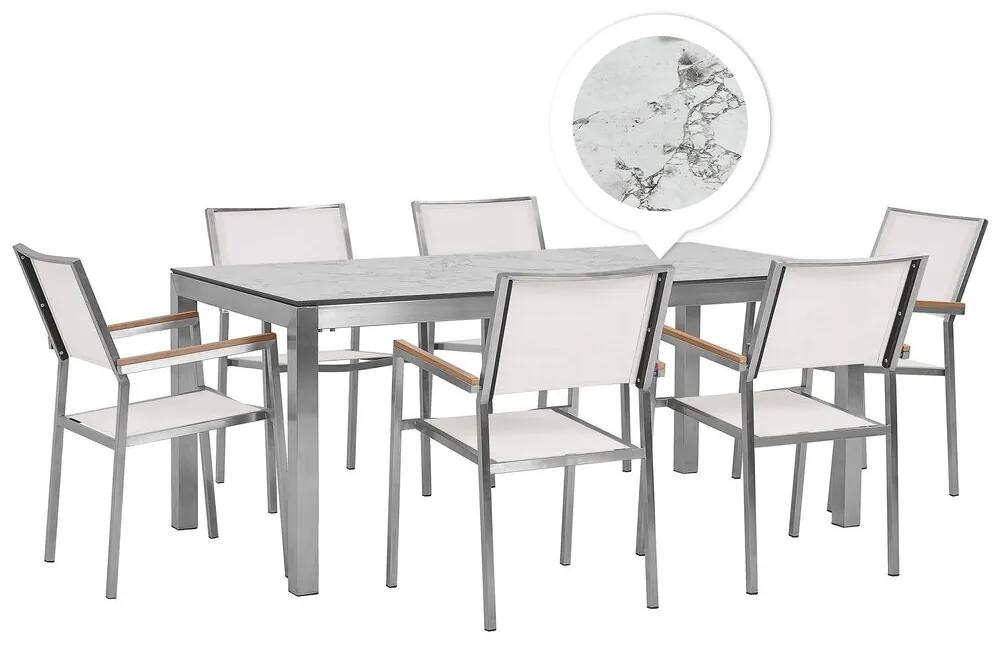 Conjunto de mesa com tampo efeito mármore 180 x 90 cm e 6 cadeiras em tecido branco GROSSETO Beliani