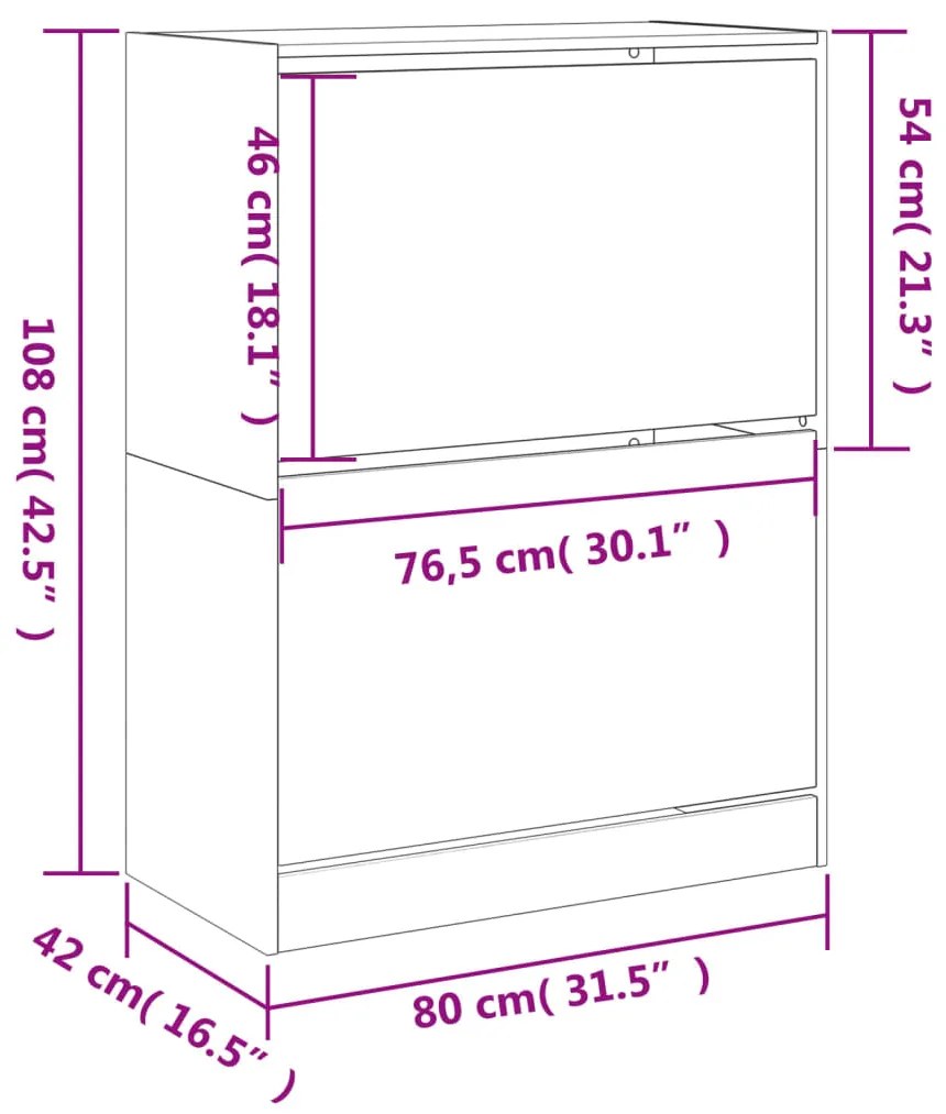 Sapateira c/ 2 gavetas articuladas 80x42x108 cm carvalho fumado