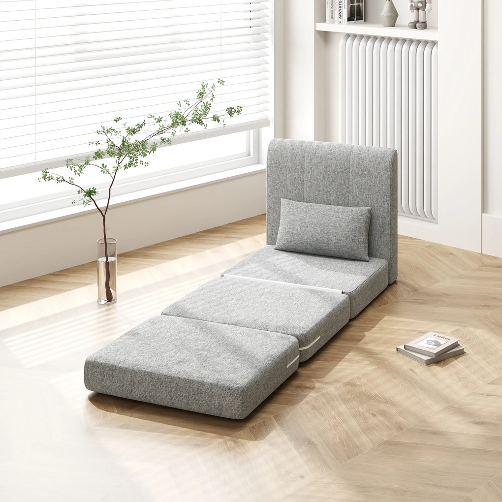Sofá chão dobrável 3 em 1 com almofada 80L x 75P x 74A cm, convertível, colchão dobrável para hóspedes, sala de estar, escritório, cinzento