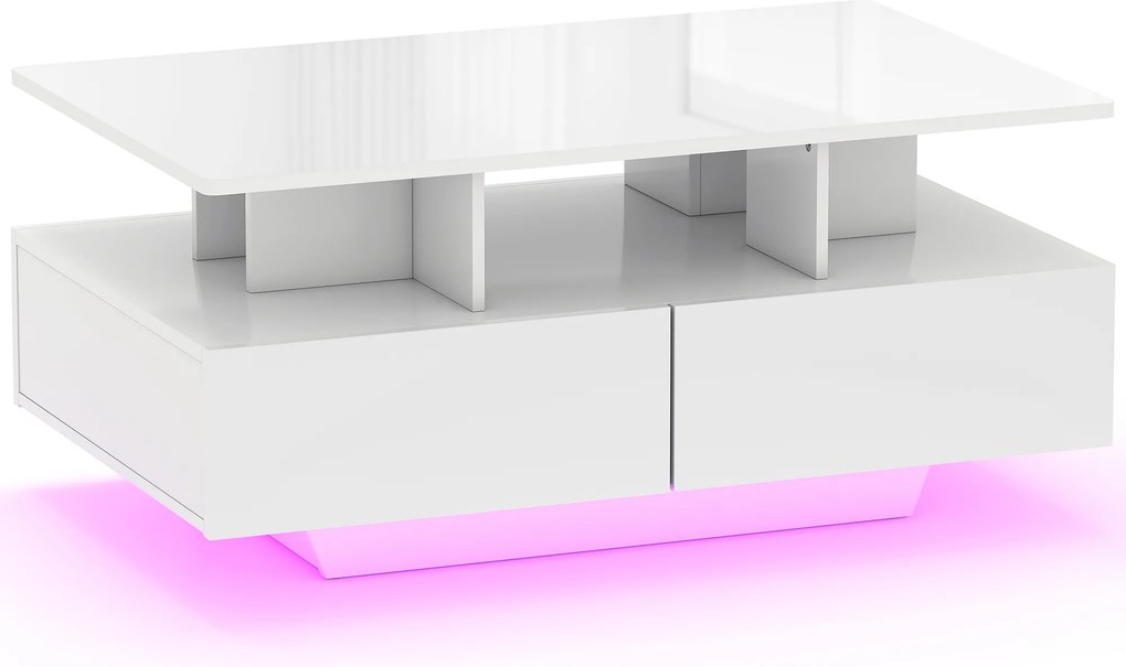 HOMCOM Mesa de Centro Moderna com LED 4 Gavetas Prateleira Aberta e Luzes LED de 16 Cores 90x55x41 cm Branco Brilhante | Aosom Portugal