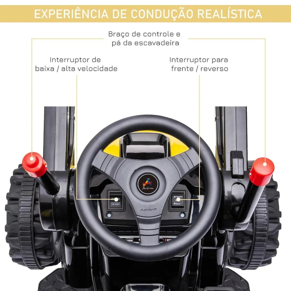 Trator Escavadora Elétrica para Crianças acima de 3 Anos Veículo Infantil com Pá Bateria 6V Música e Luzes 132x62x65 cm Preto e Amarelo