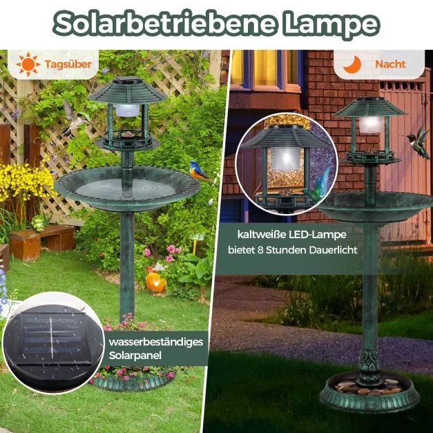 Bebedouro jardim para pássaros 51 x 51 x 107 cm com luz solar e vaso, estação de alimentação verde
