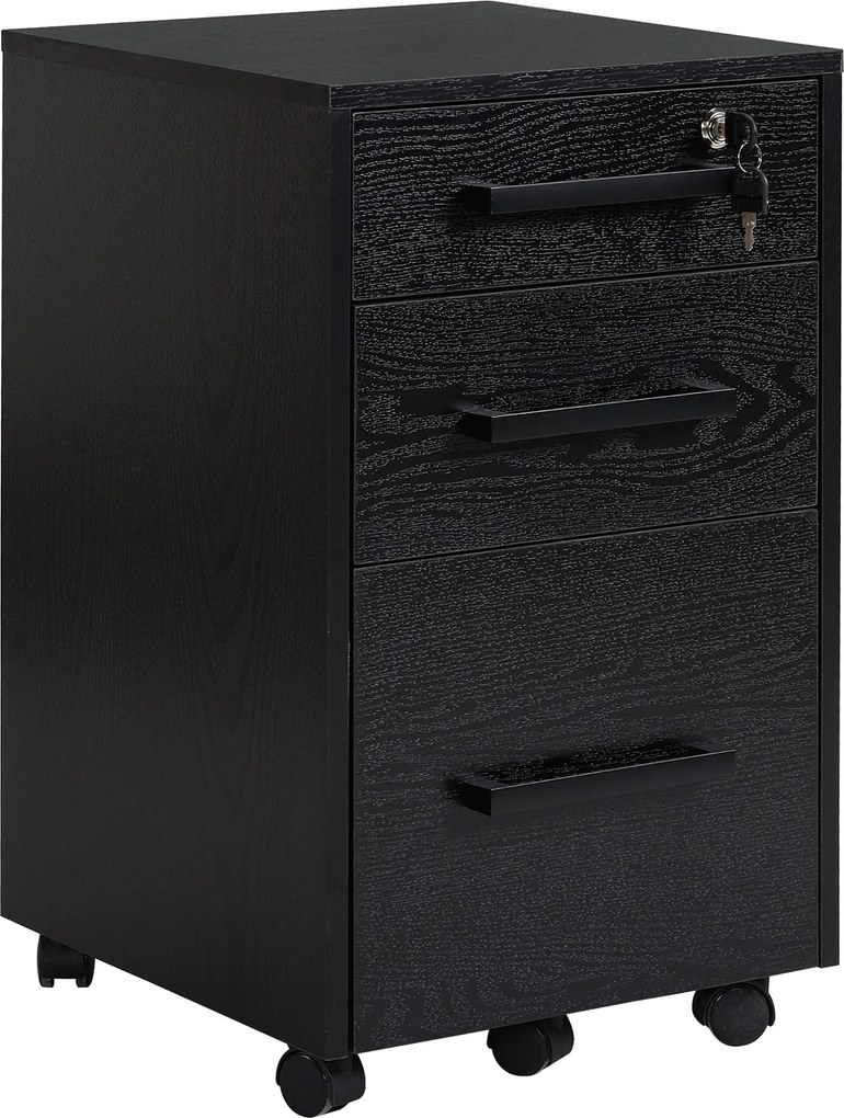 Bloco de gavetas de secretária com rodas, 3 gavetas (1 com fechadura) e 1 organizador de pastas, em MDF (painéis de partículas) preto