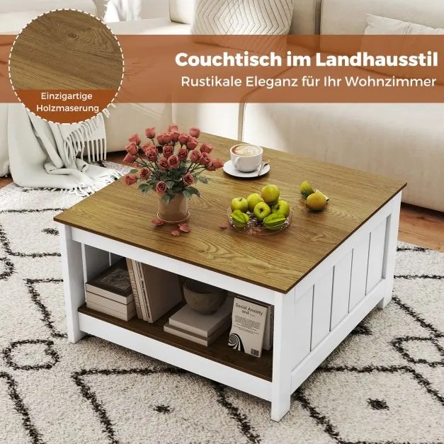 Mesa de centro de madeira 80 x 80 x 45 cm com 2 níveis, mesa quadrada para sala de estar em estilo rústico com espaço de arrumação. Natural e branco
