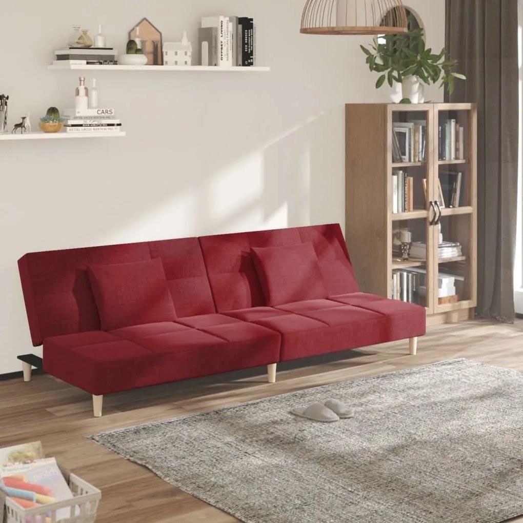 vidaXL Sofá-cama 2 lugares com duas almofadas tecido vermelho tinto