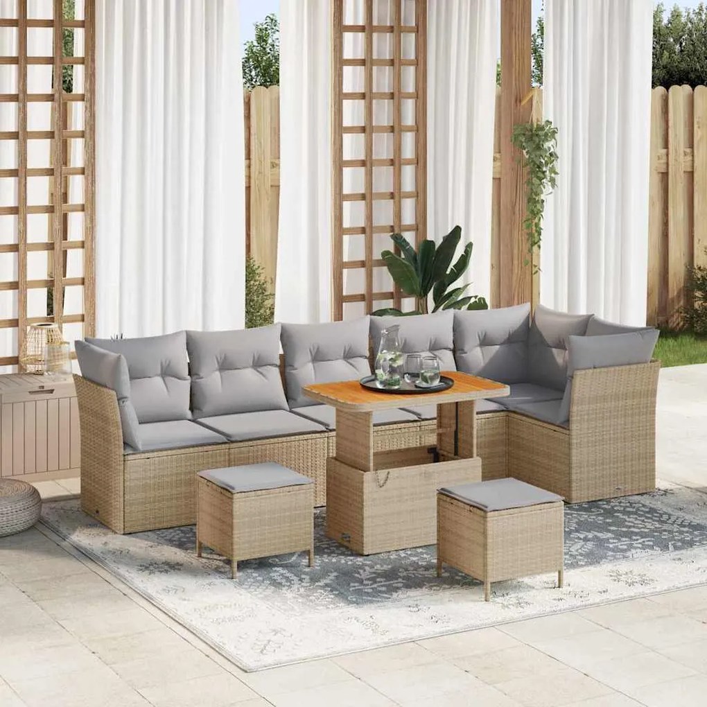 vidaXL Conjunto de Sofá de Jardim com 9 Peças e Almofadas Bege em Rattan Sintético Acácia.