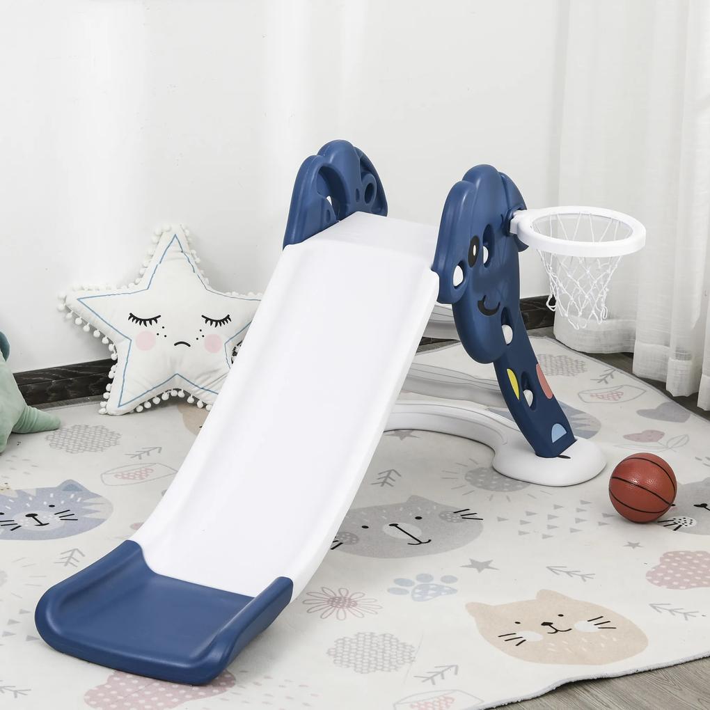 HOMCOM Escorrega infantil para crianças de 2 anos com cesta de basquete Carga 25 kg 160x35x68 cm azul e branco