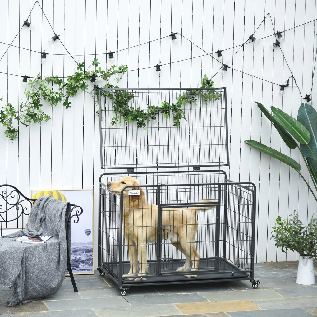 Gaiola de metal dobrável para cães com rodas e freios Bandeja removível e porta com travas 109,5x71x78 cm Cinza escuro