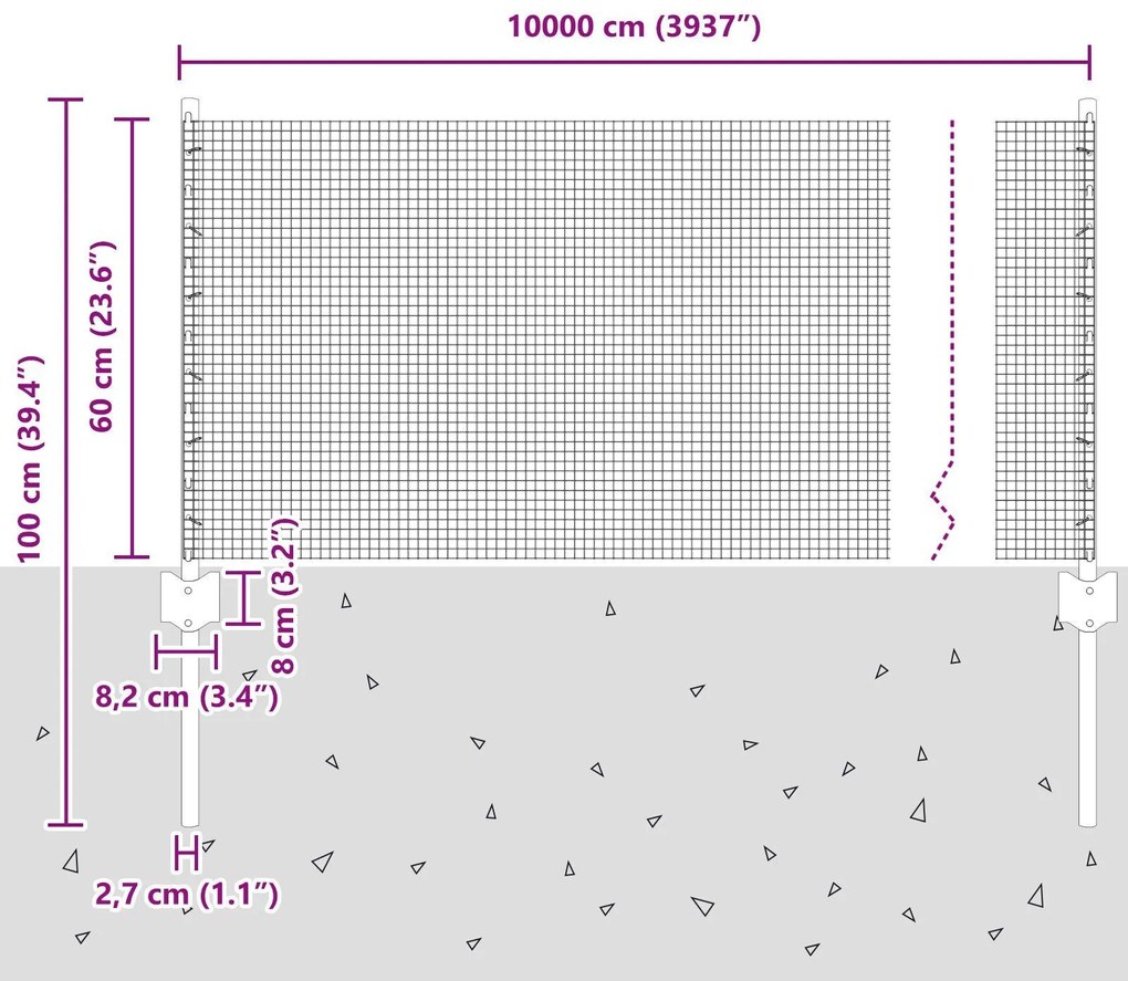Cerca de Arame Soldado com 44 Postes U Cinza 0.6x100 m Aço