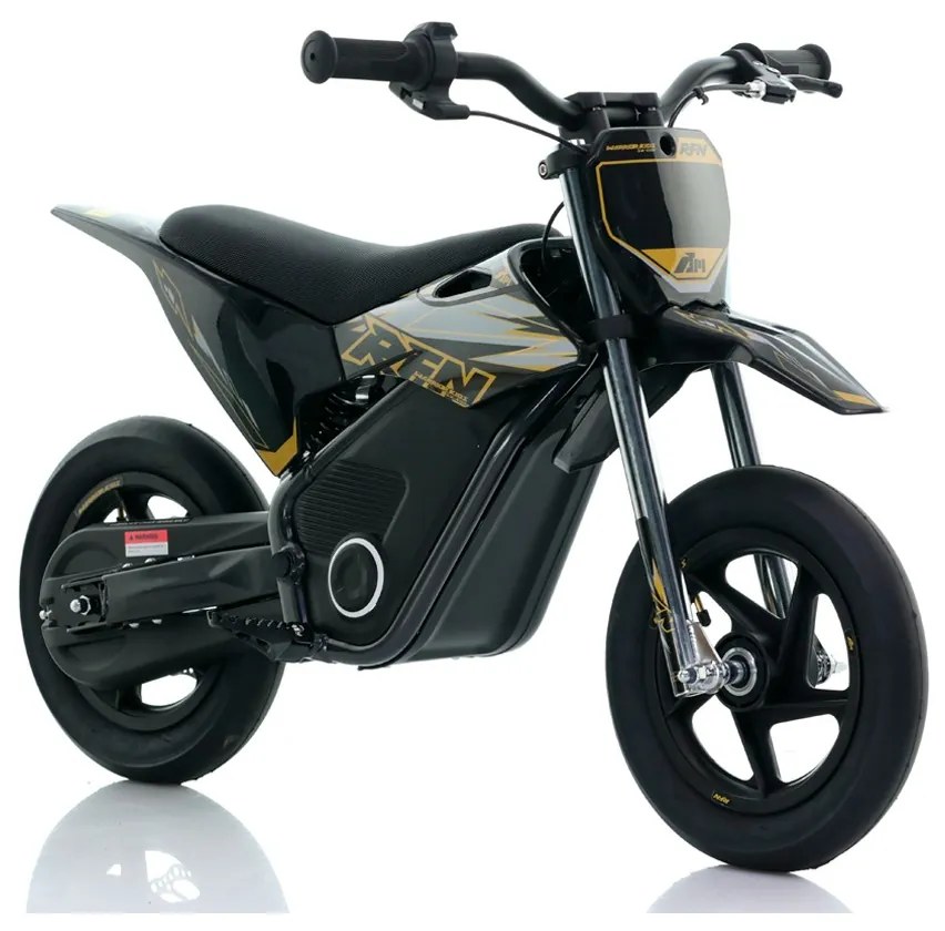 Mini moto eléctrica velocidade até 13 Km/h C/Limitador RFN Warrior Kids SX-E150 150W 12/12” Supermotard Preto e Dourada