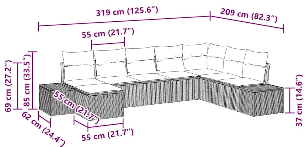 Conjunto de Sofás de Jardim de 8 Peças com Almofadas em Rattan Sintéti