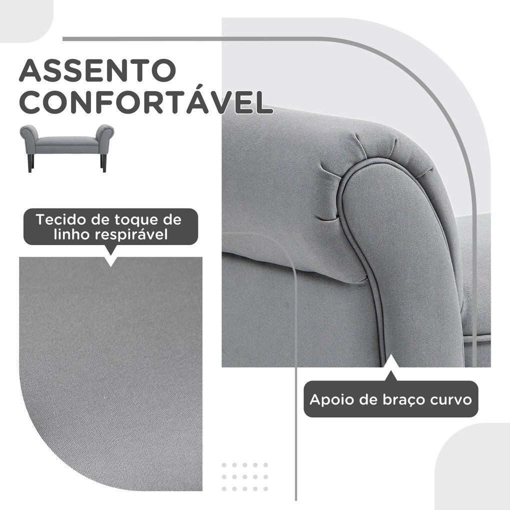 Banco de Pé de Cama Estofado em Linho Sintético com Pés de Madeira Braços e Assento Acolchoado Cinzento Escuro