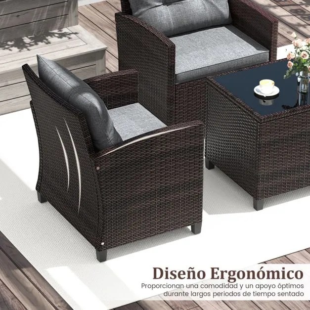 Conjunto Jardim de 3 peças em rattan com almofada lavável para jardim, piscina e varanda 67 x 67 x 76 cm Castanho e Cinzento