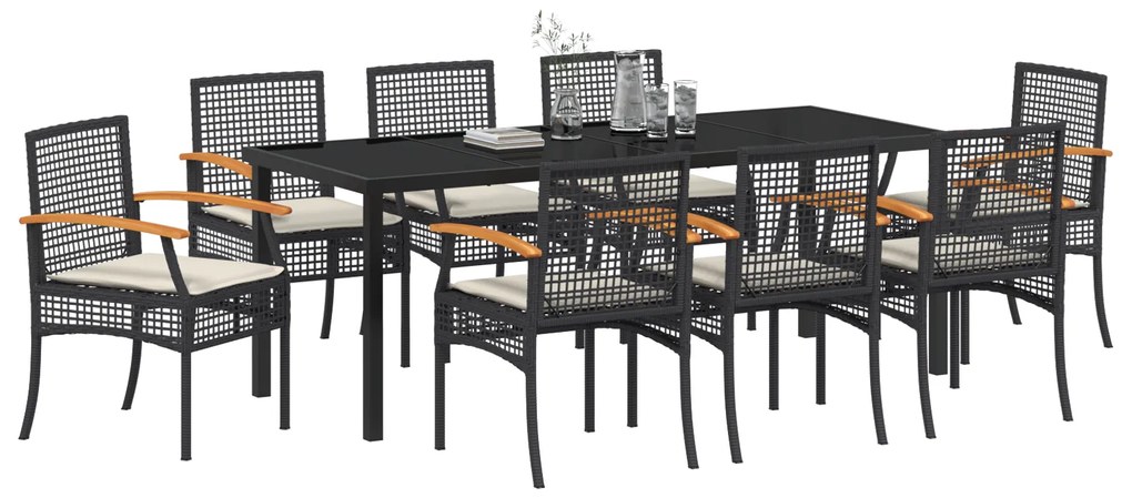 Conjunto de Jantar de Jardim 9 Peças com Almofadas - Rattan Poliéster